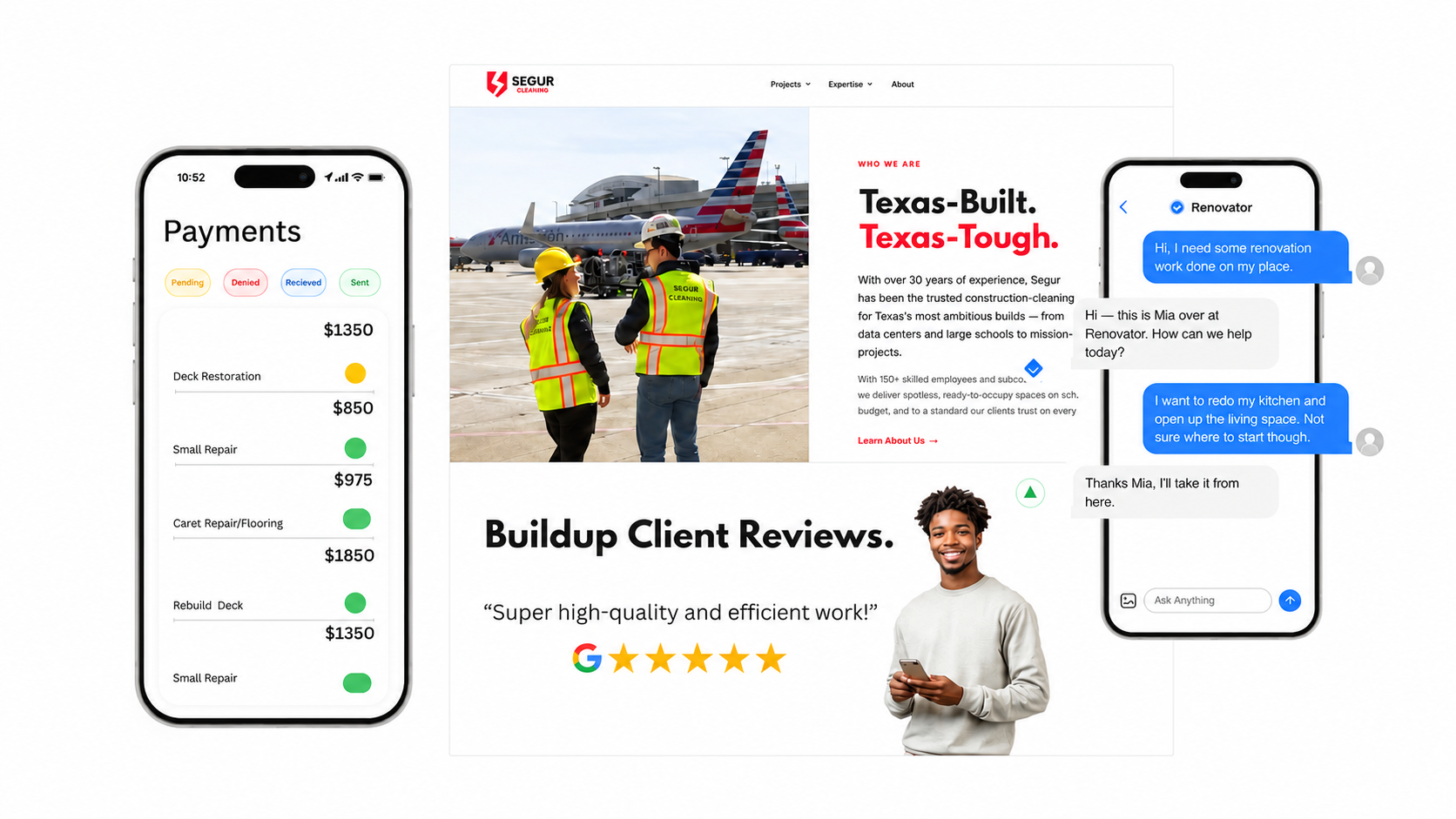 A HomeBuilder CEO-built construction client website, payments dashboard, built-in assistant, and 5-star Google reviews